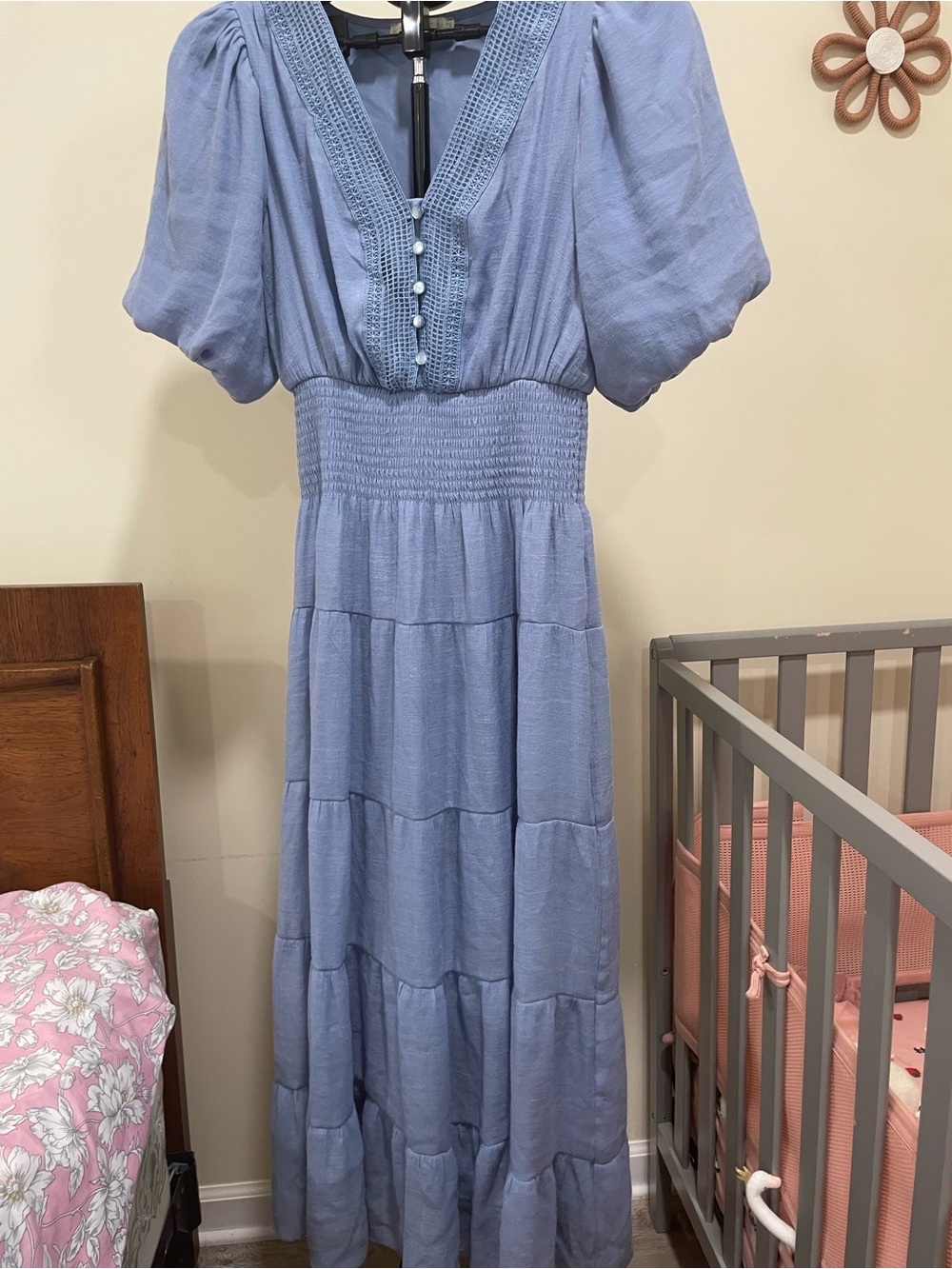 Light Blue Puff-Sleeve Maxi Blouse Dress